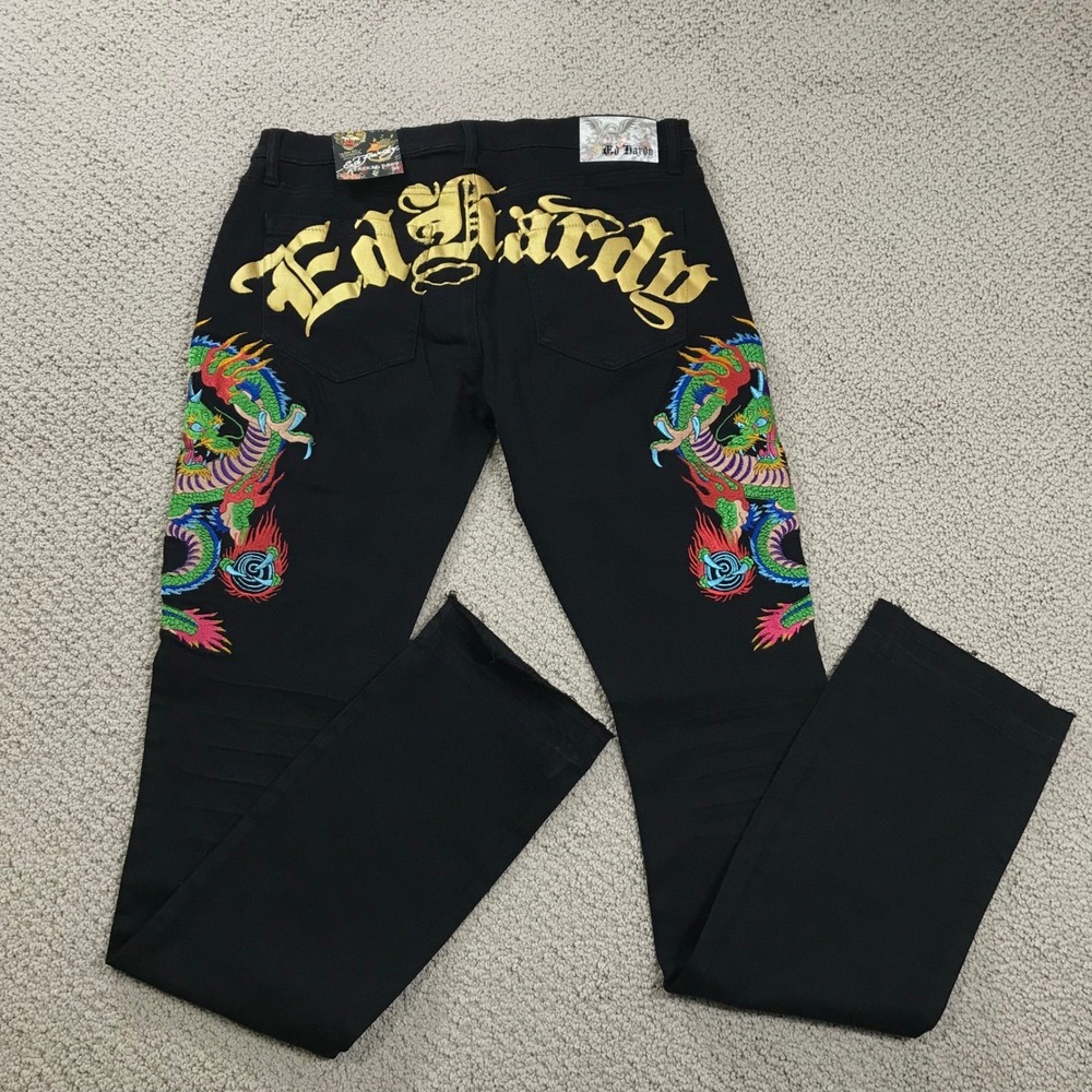 Ed Hardy Mens Black Dragon Embroidered Stacked Boot Jeans Size 32 NWT MEHD8303-1